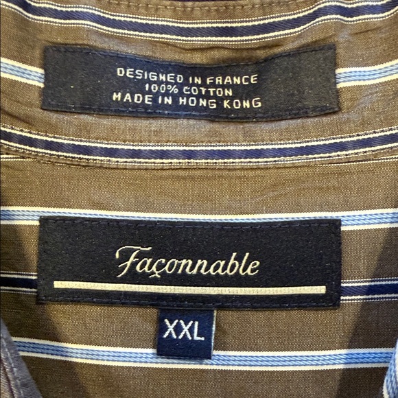 Faconnable Men’s XXL Brown Chocolate Shirt Ivory & Light Blue Pinstripe Cotton - Picture 3 of 5